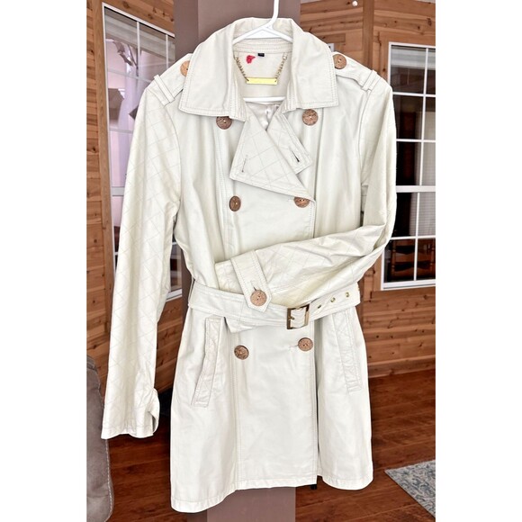 IMAN Leather Trench Coat Jacket Women M Cream Chic Retro Elegant Old World Fall - Picture 3 of 16